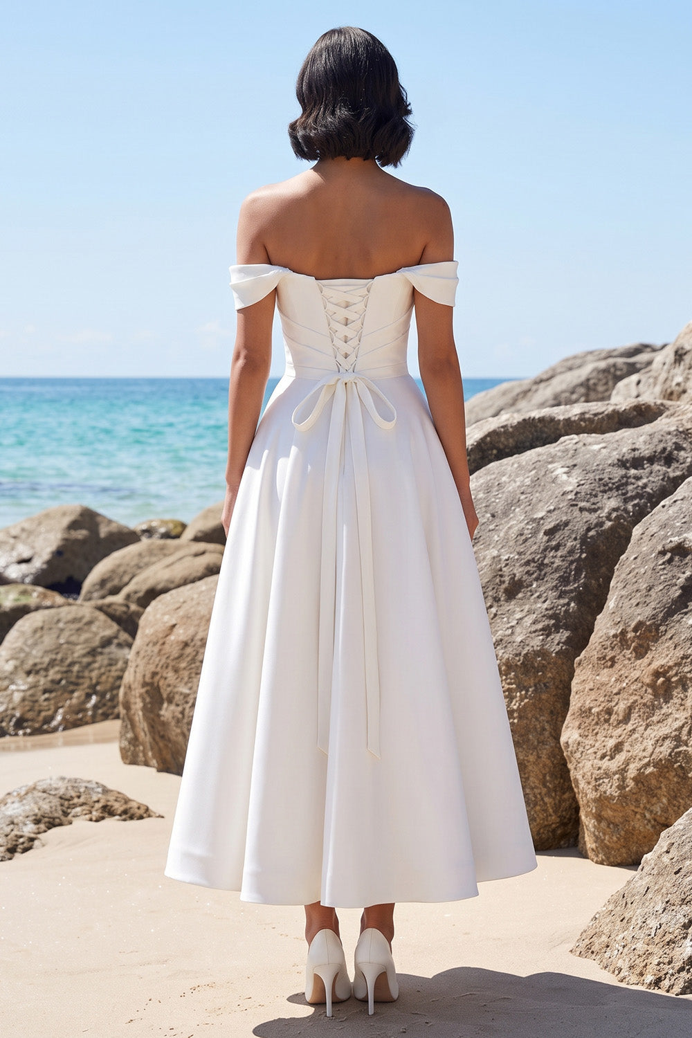 White A-Line Ruched Satin Long Wedding Dress with Lace