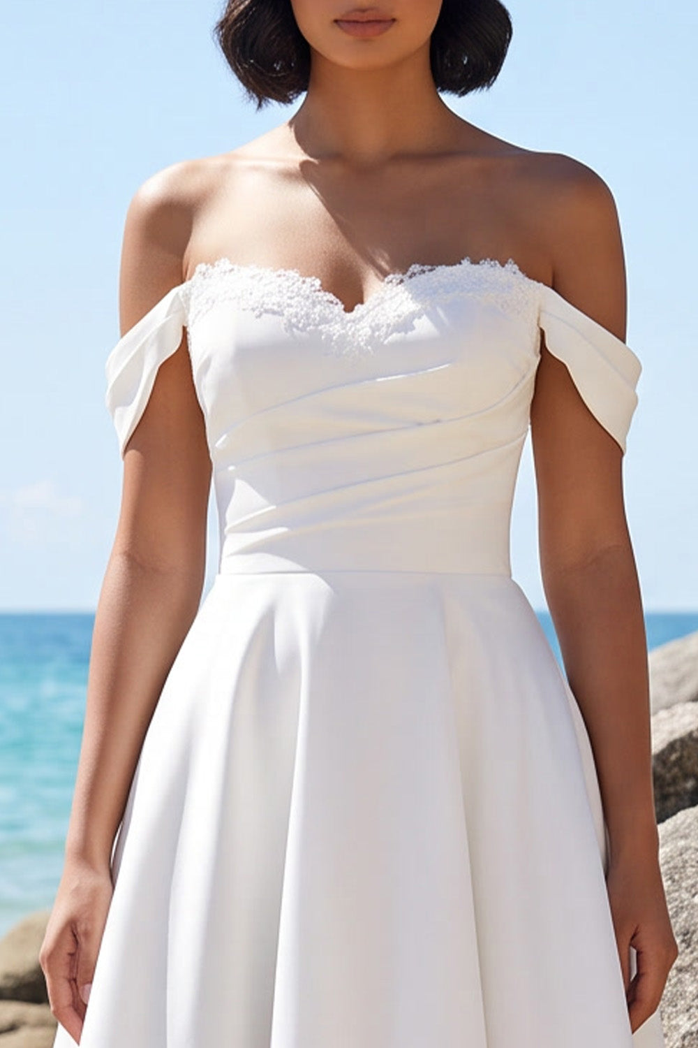 White A-Line Ruched Satin Long Wedding Dress with Lace