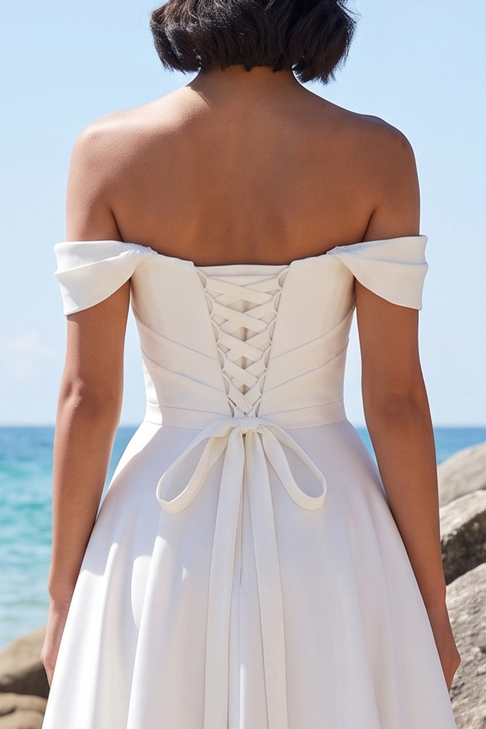 White A-Line Ruched Satin Long Wedding Dress with Lace