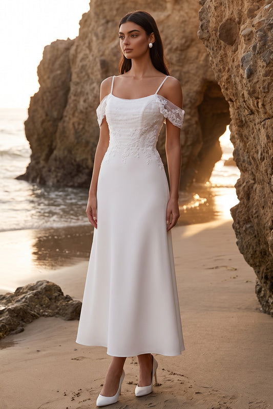 White Cold Shoulder A Line Appliqued Long Wedding Dress with Lace
