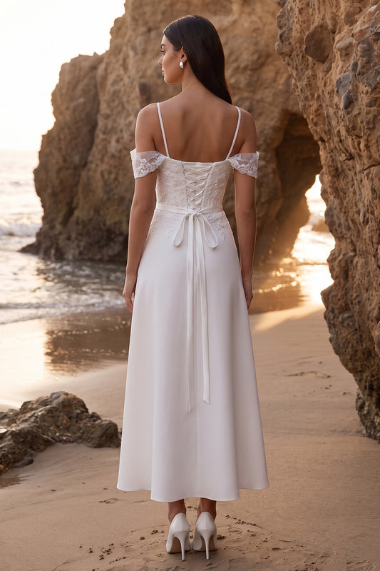White Cold Shoulder A Line Appliqued Long Wedding Dress with Lace