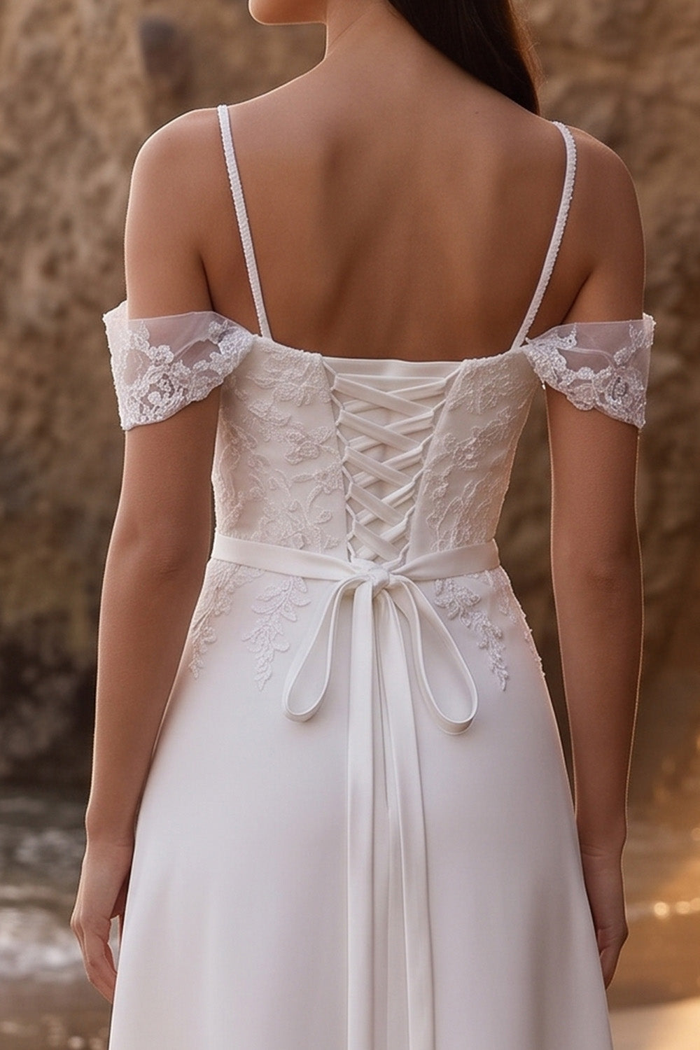 White Cold Shoulder A Line Appliqued Long Wedding Dress with Lace