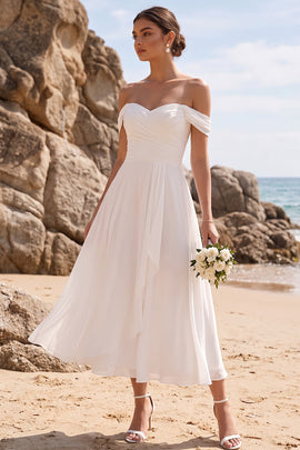 White A-Line Chiffon Ruffled Ruched Midi Beach Wedding Dress