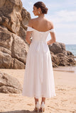 White A-Line Chiffon Ruffled Ruched Midi Beach Wedding Dress