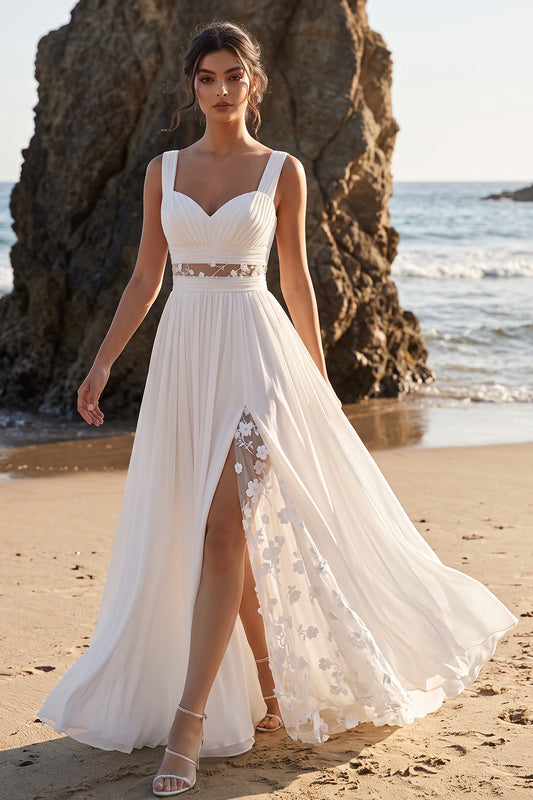 White Floral A-Line Pleated Floor-Length Chiffon Beach Wedding Dress with Slit
