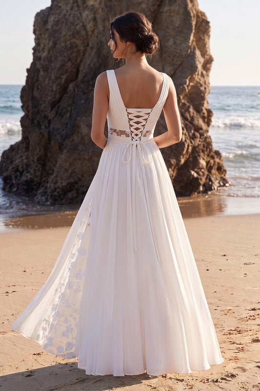 White Floral A-Line Pleated Floor-Length Chiffon Beach Wedding Dress with Slit
