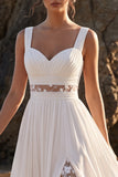 White Floral A-Line Pleated Floor-Length Chiffon Beach Wedding Dress with Slit