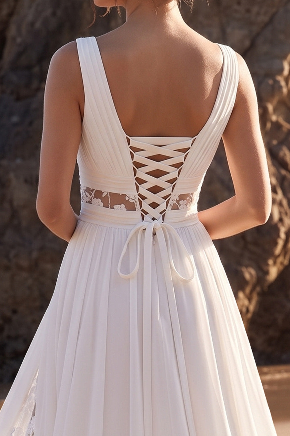 White Floral A-Line Pleated Floor-Length Chiffon Beach Wedding Dress with Slit
