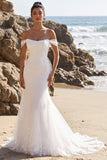White Mermaid Appliqued Sweep Train Tulle Beach Wedding Dress