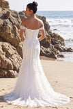 White Mermaid Appliqued Sweep Train Tulle Beach Wedding Dress