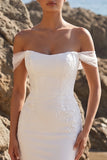 White Mermaid Appliqued Sweep Train Tulle Beach Wedding Dress
