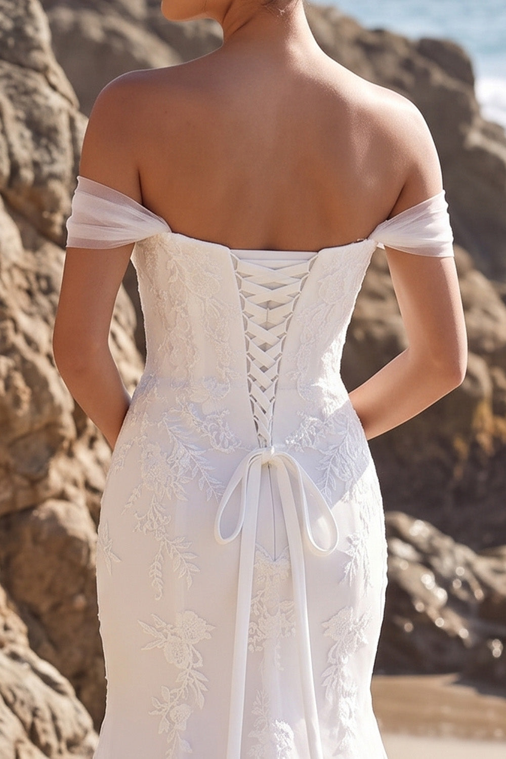 White Mermaid Appliqued Sweep Train Tulle Beach Wedding Dress