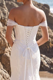 White Mermaid Appliqued Sweep Train Tulle Beach Wedding Dress