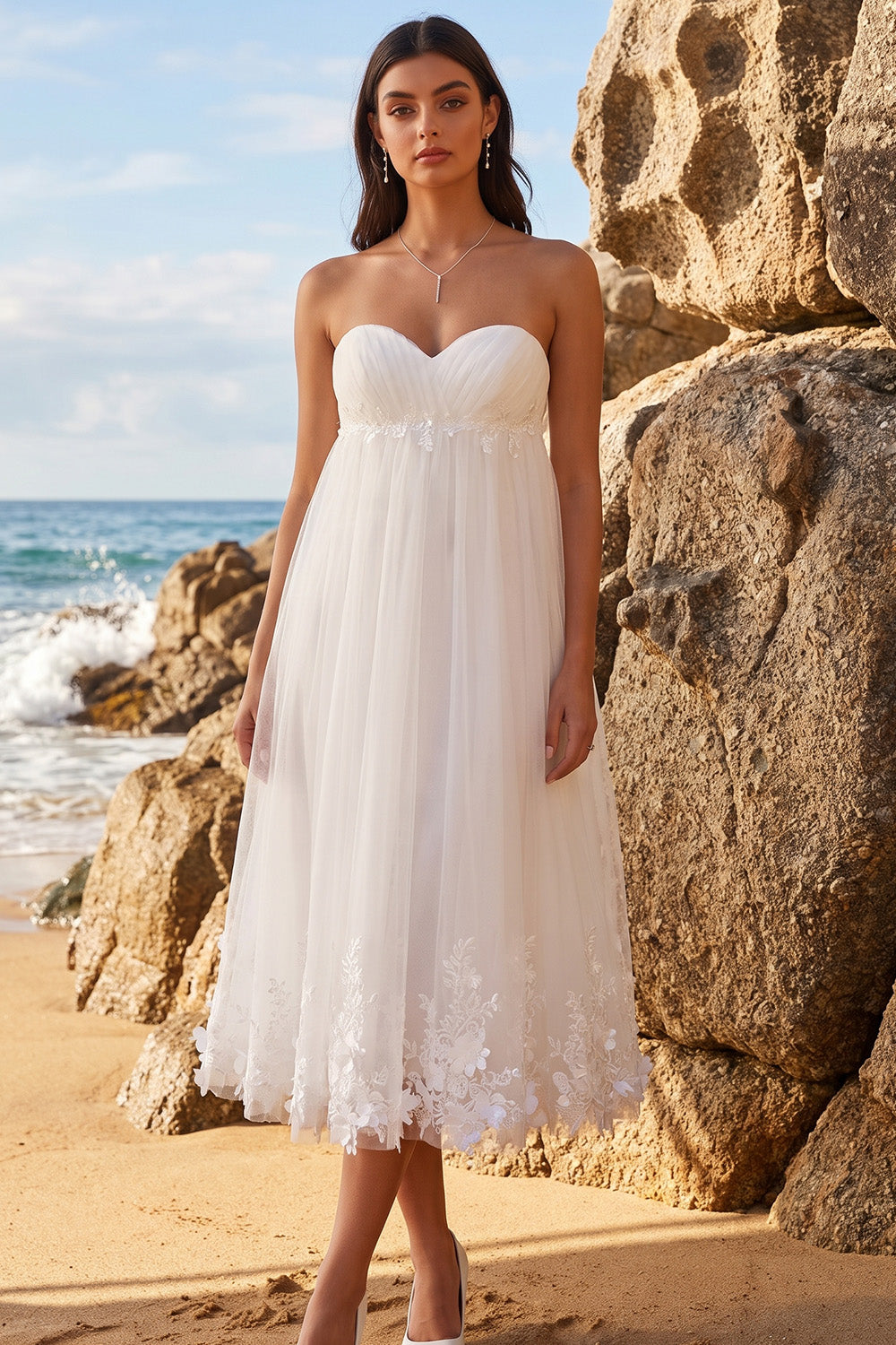 White A-Line Sweetheart Floral Ruched Tulle Midi Beach Wedding Dress