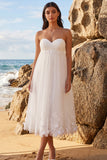 White A-Line Sweetheart Floral Ruched Tulle Midi Beach Wedding Dress