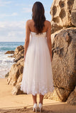 White A-Line Sweetheart Floral Ruched Tulle Midi Beach Wedding Dress