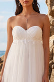 White A-Line Sweetheart Floral Ruched Tulle Midi Beach Wedding Dress