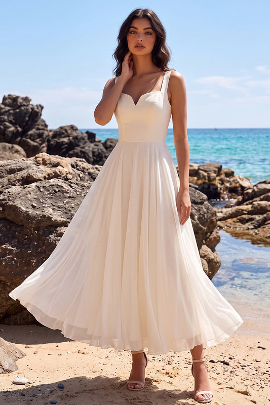 White A-Line Thick Straps Chiffon Midi Beach Wedding Dress