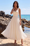 White A-Line Thick Straps Chiffon Midi Beach Wedding Dress
