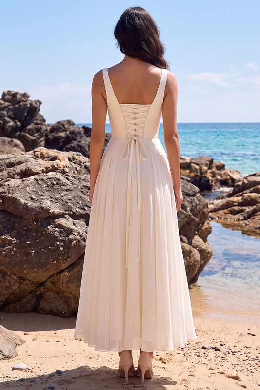 White A-Line Thick Straps Chiffon Midi Beach Wedding Dress