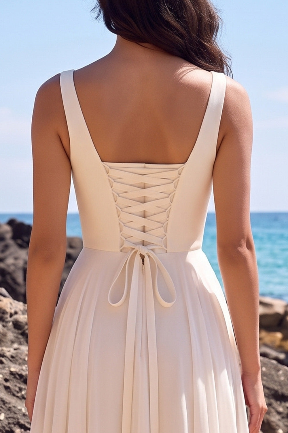 White A-Line Thick Straps Chiffon Midi Beach Wedding Dress