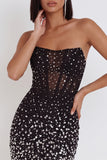 Sparkly Black Corset Strapless Tight Short Homecoming Dress with Rhinestones