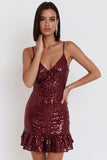 Sparkly Burgundy Tight Tiered Ruffled Sequins Short Homecoming Dress