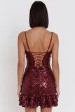 Sparkly Burgundy Tight Tiered Ruffled Sequins Short Homecoming Dress