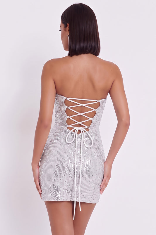 Sparkly Silver Corset Strapless Sequins Ruched Short Homecoming Dress