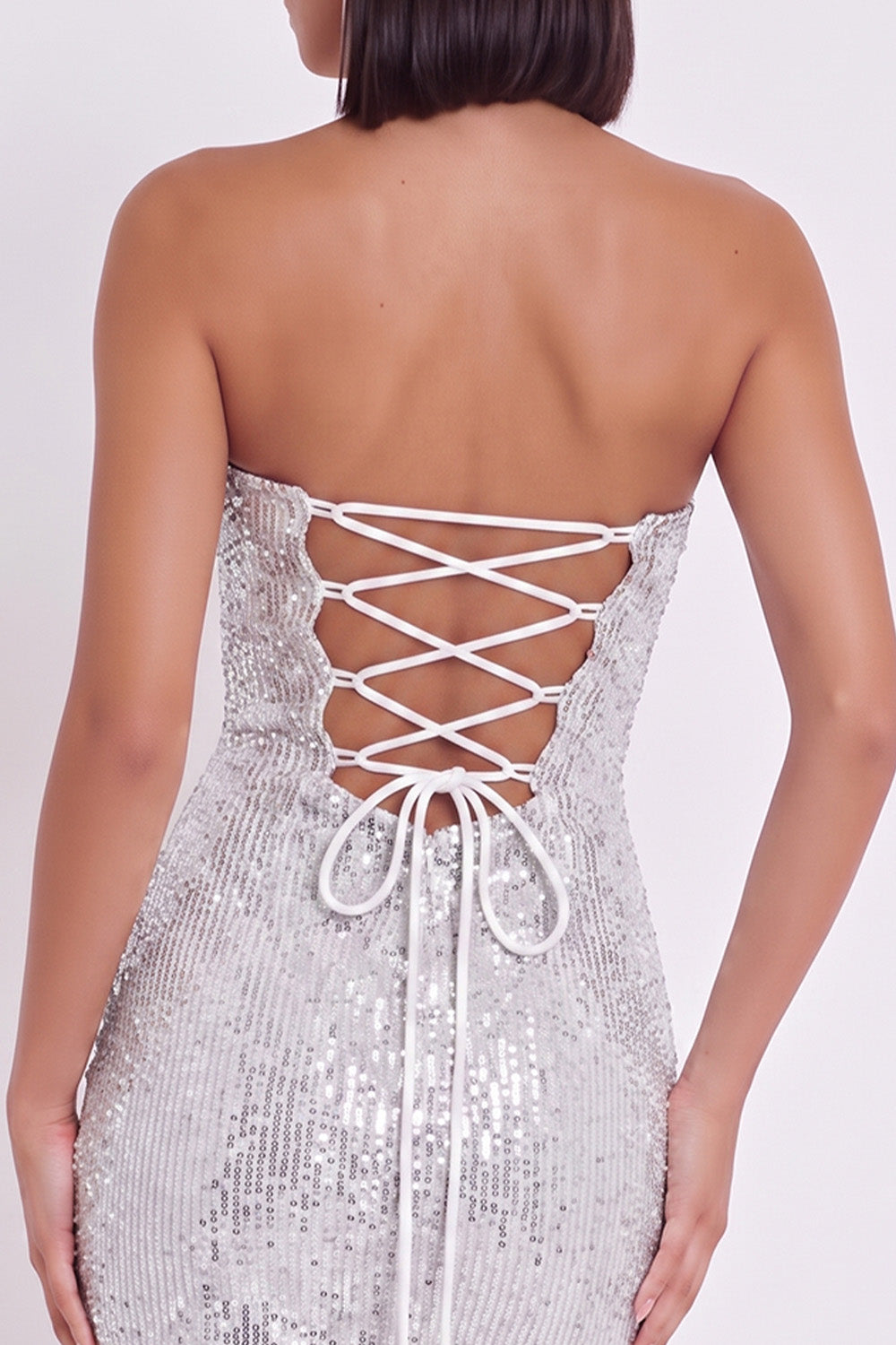 Sparkly Silver Corset Strapless Sequins Ruched Short Homecoming Dress