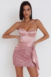 Sparkly Pink Corset Satin Tight Ruched Beaded Short Homecoming Dress with Sash