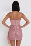 Sparkly Pink Corset Satin Tight Ruched Beaded Short Homecoming Dress with Sash