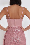 Sparkly Pink Corset Satin Tight Ruched Beaded Short Homecoming Dress with Sash