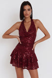 Sparkly Burgundy Sequins Tiered Ruffled Halter Short Homecoming Dress