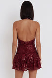 Sparkly Burgundy Sequins Tiered Ruffled Halter Short Homecoming Dress