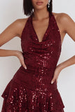 Sparkly Burgundy Sequins Tiered Ruffled Halter Short Homecoming Dress