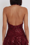 Sparkly Burgundy Sequins Tiered Ruffled Halter Short Homecoming Dress