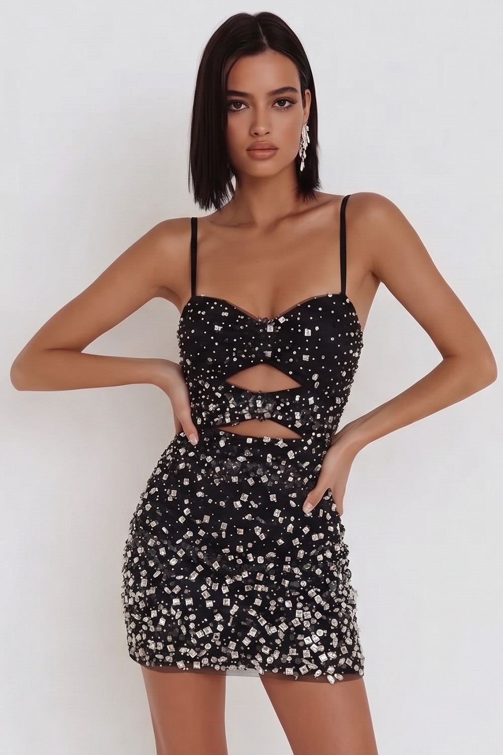 Sparkly Black Tight Keyhole Short Homecoming Dress with Rhinestones