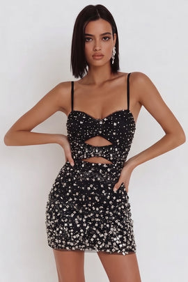 Sparkly Black Tight Keyhole Short Homecoming Dress with Rhinestones