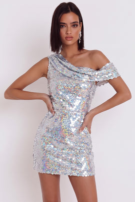 Sparkly Silver Sequins Tight One Shoulder Ruched Short Homecoming Dress