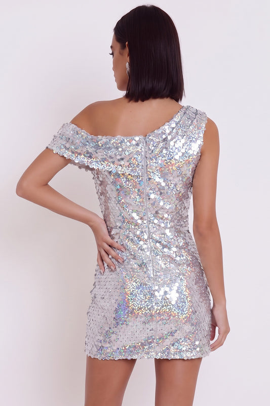 Sparkly Silver Sequins Tight One Shoulder Ruched Short Homecoming Dress