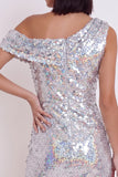 Sparkly Silver Sequins Tight One Shoulder Ruched Short Homecoming Dress