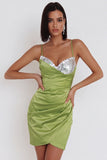 Dusty Sage Satin Tight Ruched Short Homecoming Dress with Sequins