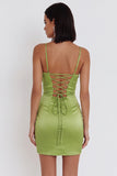 Dusty Sage Satin Tight Ruched Short Homecoming Dress with Sequins