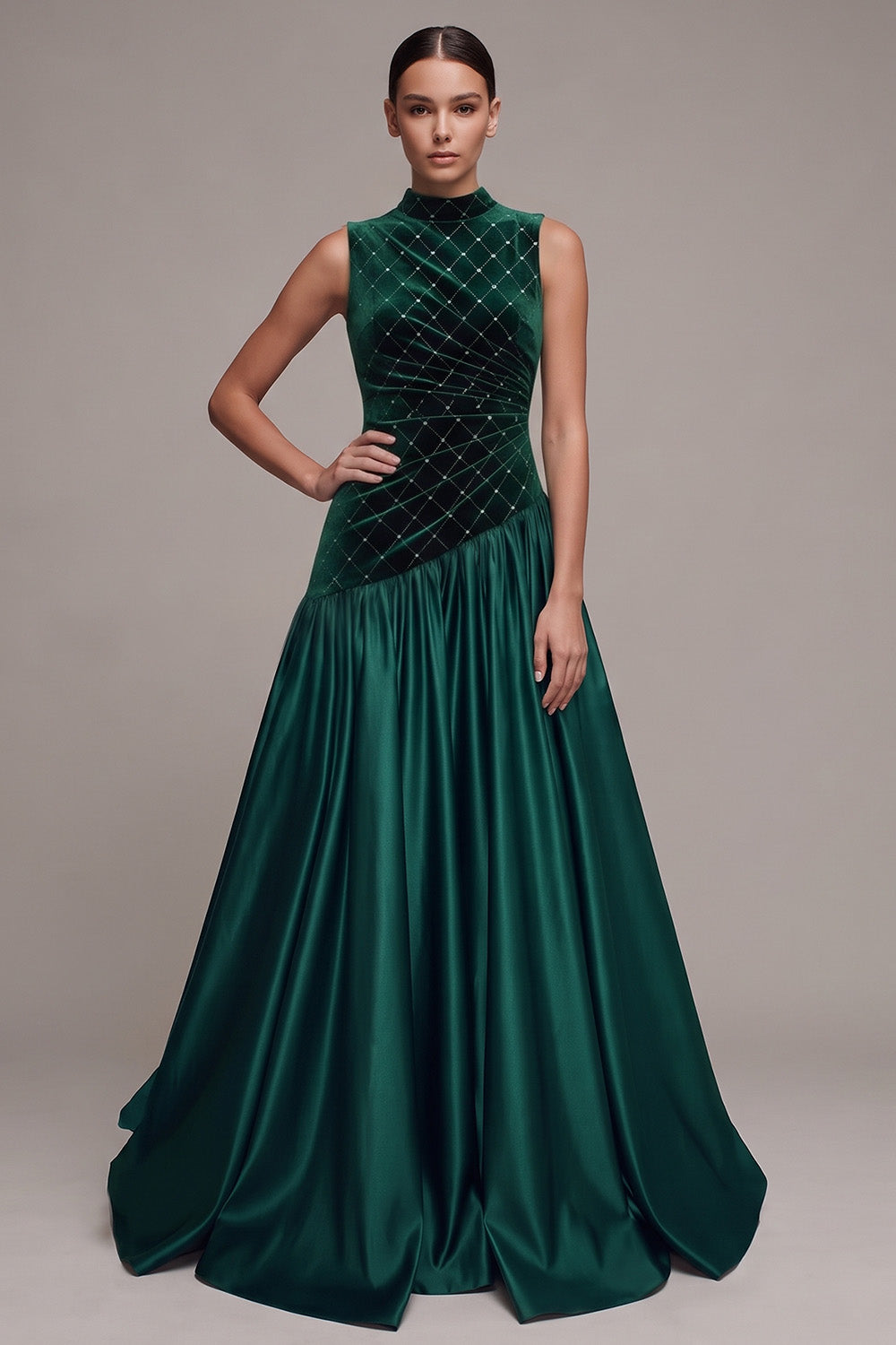 Sparkly Dark Green Plaid A-Line Ruched Long Velvet Holiday Party Dress