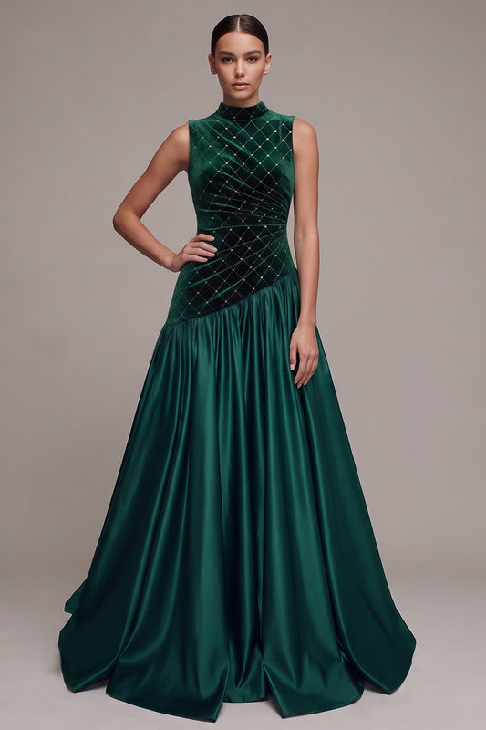 Sparkly Dark Green Plaid A-Line Ruched Long Velvet Holiday Party Dress