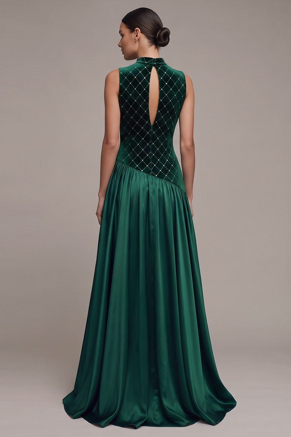 Sparkly Dark Green Plaid A-Line Ruched Long Velvet Holiday Party Dress