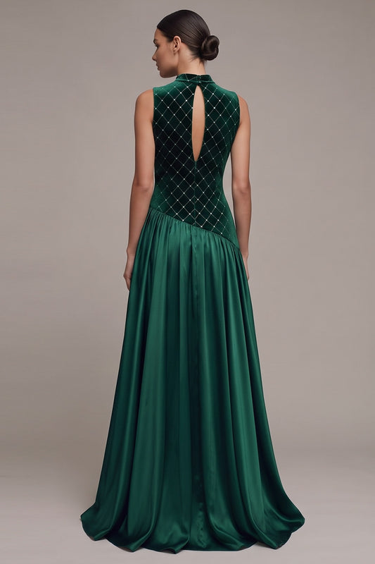 Sparkly Dark Green Plaid A-Line Ruched Long Velvet Holiday Party Dress