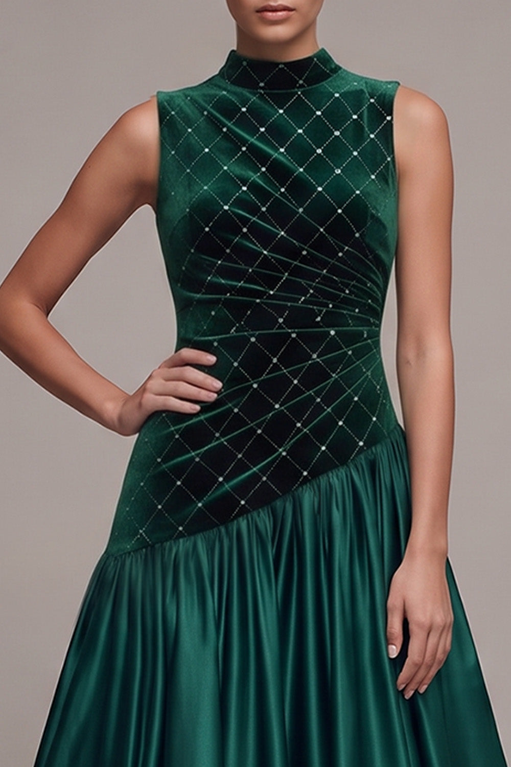 Sparkly Dark Green Plaid A-Line Ruched Long Velvet Holiday Party Dress