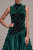 Sparkly Dark Green Plaid A-Line Ruched Long Velvet Holiday Party Dress
